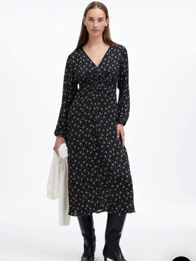 Madewell Black Floral Wrap-Style Midi Dress